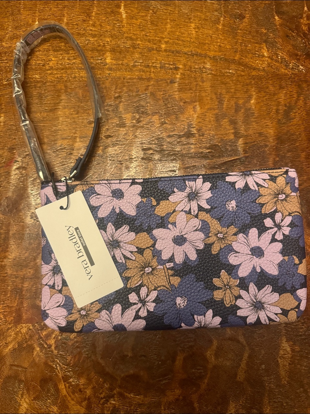Vera Bradley Navy Wristlet with Pink & Gold Floral Print